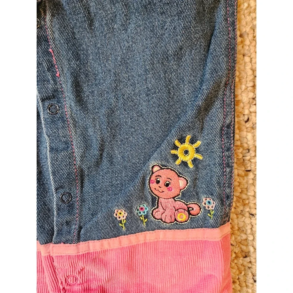 Vintage Cheerios Kids Denim Overalls Striped Turtleneck Set Pink Blue 90s Floral